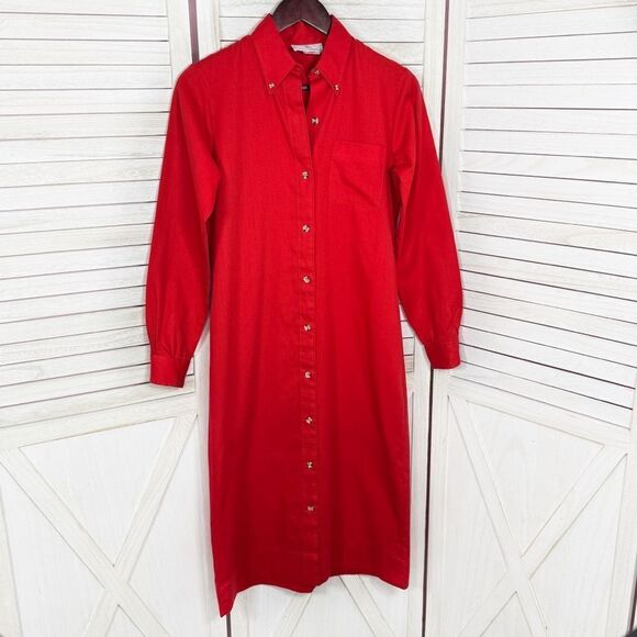 Vintage Stuart Randolph Button Down Shirt Dress Red Small Midi Long Sleeve - Picture 6 of 11